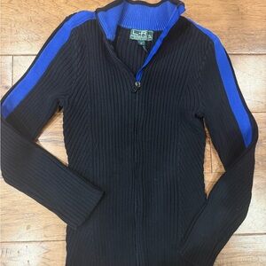 Lauren, Ralph Lauren Black and Blue Ribbed Zip-Up Sweater
